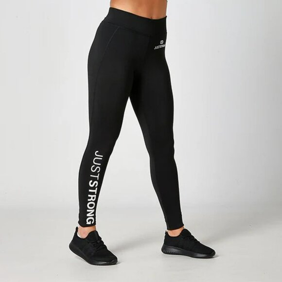 JUST STRONG Jet Black Leggings Sz L High waisted squat proof wicking UPF 30+ - Picture 1 of 11